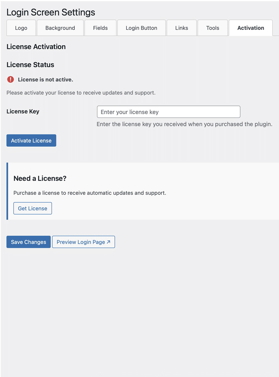 Plugin license activation tab