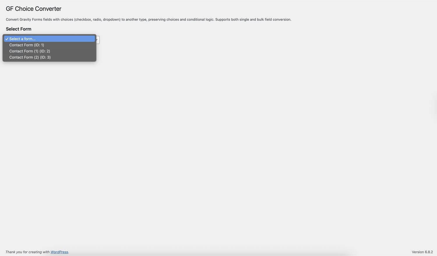 GF Choice Converter Forms Dropdown
