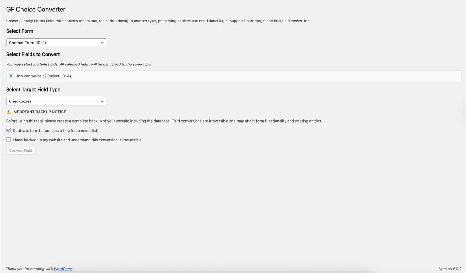 GF Choice Converter Eligible Form Fields Conversion Selection